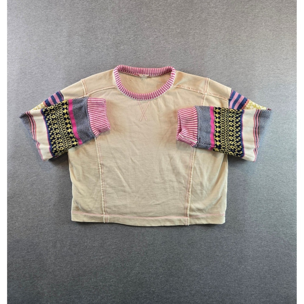 Cream Short-Sleeve Sweater Top with Multicolor Patterned Sleeves